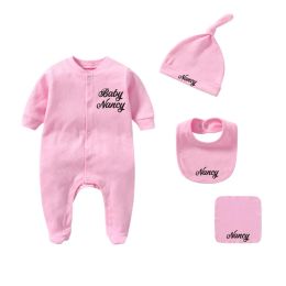 Sets Custom Baby Name Newborn Girl/boy Coming Home Outfit Baby Shower Gift Clothes Romper+hat+bibs+towel 4pcs Cotton Newborn Outfits