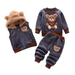 Baby Boys And Girls Clothing Set Tricken Fleece Children Hooded Outerwear Tops Pants 3PCS Outfits Kids Toddler Warm Costume Suit 240226