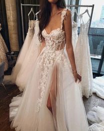 Sexy Backless Beach Lace Wedding Dress Side High Split Spaghetti Straps Long Boho Bridal Gowns 2024 Illusion Tulle Summer Bride Dresses