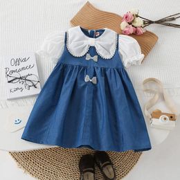 Girl Dresses Girls Clothes 2024 Summer Kids For Bubble Short Sleeve Denim Dress Beaded Bow Doll Neck