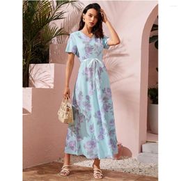 Ethnic Clothing Women Floral Print Short Sleeve V-Neck Belted High Waist Maxi Dress Bohemian Kaftan Muslim Dubai Abaya Summer Vestidos Robe