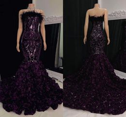 Deep Purple Cascading Lace Flowers Feather prom Dresess Sexy Mermaid Strapless Backless Black Evening Gowns Formal BC18277