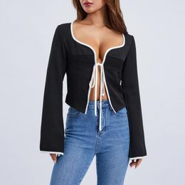 Women's T Shirts Fashion T-shirt Long Sleeve Tie-up Contrast Colour Ladies Fall Tube Tops Clubwear For Party Streetwear Casual Outfits