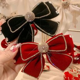 Velvet Bow Hairpins Crystal Rhinestone Hair Clips for Women Temperament Headwear Fashion Ponytail Clip Korean Hair Accessories 240220