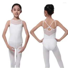 Stage Wear Girls Seamless Dance Round Neck Mesh Splicing Backless Suspender Jumpsuit Ballet Gymnast Aged 4-15