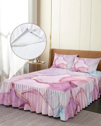 Bed Skirt Marble Gradient Pink Elastic Fitted Bedspread With Pillowcases Protector Mattress Cover Bedding Set Sheet