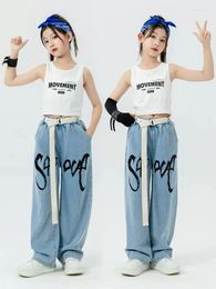 Stage Wear 2024 Hip Hop Girls Clothes Jazz Dance White Cropped Vest Tops Denim Pants Loose Modern Performance Costume Fashion BL10781