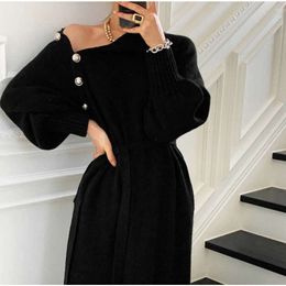 Stylish and Cozy Casual Black Knitwear Sweater Dress for Women - Designer Winter Jumper with Korean Style - 2024 Collection - Thick and Warm Solid Color Option