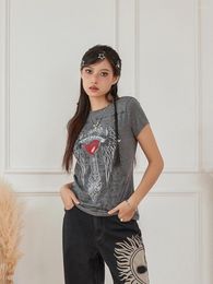 Women's T Shirts Women Y2k Crop Tops Sweetheart Pattern Print Rhinestones Sexy Cute Slim Gothic Harajuku Short Sleeve