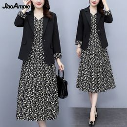 Spring Autumn Suit Coat Floral Sling Dress Twopiece Womens Professional Korean Fashion Blazers Jacket Skirt Set 240226