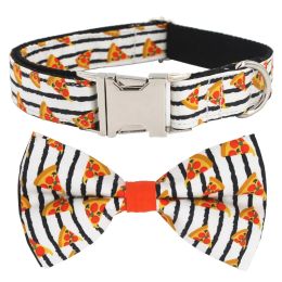 Collars Popular Pizza Pattern dog collar and leash with bow tie for big and small dog cotton fabric collar rose gold metal