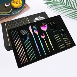 Sets 24Pcs Stainless Steel Rainbow Tableware Cutlery Set Dinnerware Set Knives Forks Spoons Western Kitchen Flatware Hotel Gift Box