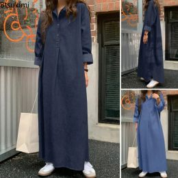 Dress 2024 Women's Casual Denim Dress Oversized Korean Vintage Robe Jeans Dress Streetwear Elegant Long Sleeve Solid Maxi Dress Female