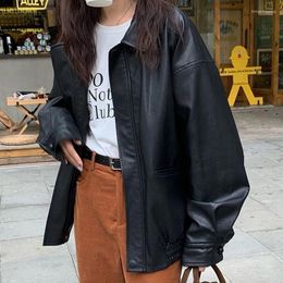 Women's Leather Gidyq Vintage Women Pu Jacket Casual High Street Moto Biker Techwear Coat Oversized Fall Black Cropped Outerwear