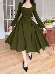 Casual Dresses InsLucky-Women's Puff Sleeve Corset Midi Dress Folds High Waist Bodycon Elegant Evening Party Long Autumn 2024