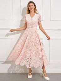 Extravagant Ladies Summer High Quality Fashion Party Pink Lace Hollow Out Elegant Casual Pretty Chic Sweet Gorgeous Long Dress