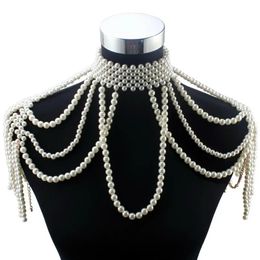 Long Bead Chain Chunky Simulated Pearl Necklace Body Jewelry for Women Costume Choker Pendant Shoulder Statement Necklace 240221