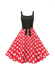 Casual Dresses Retro Black Patchwork Red Polka Dot Backless Suspender Harajuku Vintage Waist Large Swing Dress 2024 Women Clothing