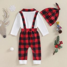 Clothing Sets Born Baby Boys Plaid Christmas Gentleman Outfits Long Sleeve Lapel Sweatshirt Romper Suspender Pants Hat Set