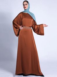 Ethnic Clothing Solid Dubai Abaya Diamonds Fringe Belted Muslim Woman Dress Loose Long Wide Sleeves Islamic Turkey Ramadan (No Scarf)