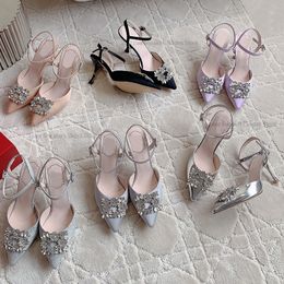 Rhinestone flowers satin heels Crystal Embellishments Stiletto Heel Evening party Dress shoes women's luxury designer factory footwear with box