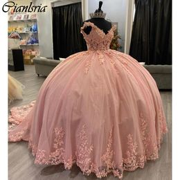 Blush Pink Illusion Beading Appliques Lace Quinceanera Dresses Ball Gown 3D Flowers Off The Shoulder Corset Vestidos De 15 Anos