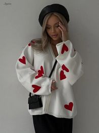 Embroidered Love-graphic Knit Cardigan Sweater Chic Single Breasted Knitwear Jacket Fashion Autumn Winter Loose Coat Home 240219