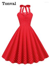 Casual Dresses Tonval Halter Neck Button 50s Pinup Polka Dot Lace-Up Back Corset Dress Vintage Party Women Backless Cotton Elegant Red