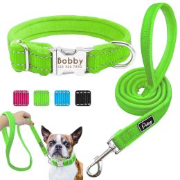 Collars Custom Dog Collar Nylon Reflective Dog Collar Leash Set Personalized Pet Dog Tag For Small Medium Large Dogs Pug Bulldog Engrave