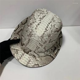 Berets Authentic Real True Python Leather Gentleman Chic Porkpie Bowler Hat Boater Flat Exotic Genuine Snakeskin Male Jazz Cap