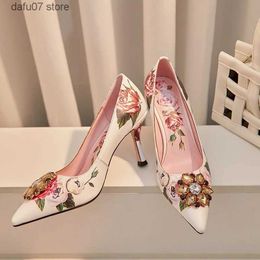 Dress Shoes MEZEREON Wedding Sexy High Heels Slip On Print Leather Pumps Pointed Toe Novelty Heel Crystals Ladies SweetH24229