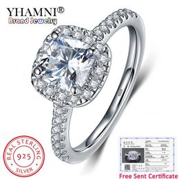 YHAMNI Sent Certificate Luxury 10%% Original 925 Silver 8 8mm 2 Carat Square Crystal Zirconia Diamond Wedding Rings for Women273V