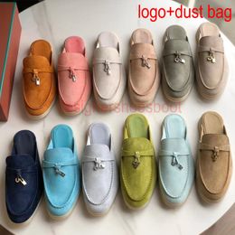 Luxury Designers LP Loafers Shoe Summer Walk Charms Suede Moccasins Apricot Genuine Leather Men Casual Flats Women Flat Dress Shoes Footwear Slippers