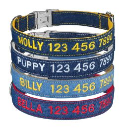 Collars Nylon Jeans Cloth Embroidered Solid Colour Basic Dog Collar Padded Personalised Custom ID Tag Adjustable Quick Release All Season