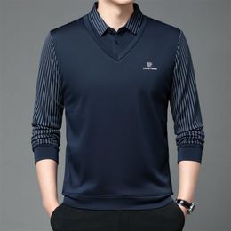 2024 Mens Polo Shirt Autumn And Winter New Trend Full Lapel Long Sleeve Fake Two Mens Knit Base Shirt Tiktok The Same Polo