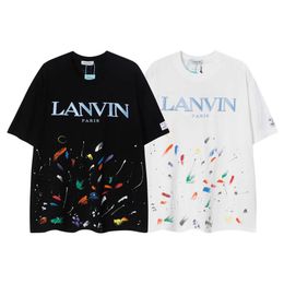 Trendy Brand lanvis Hooded Letter Embroidered Hand Painted Speckled Ink Short sleeved T-shirt for Men and Women High Street Half Sleeves