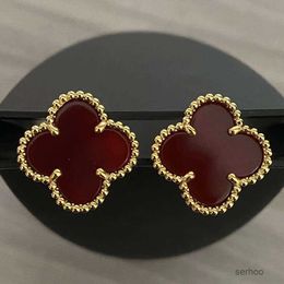 High Version v Gold Four Leaf Grass Fanjia Earrings for 18k Rose Gold Red Agate White Fritillaria Double Sided Classic Earrings