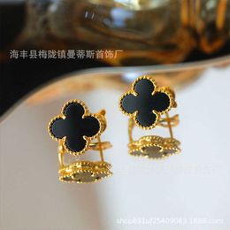 Designer Van cl-ap Fanjia Classic Black Agate Lucky Four Leaf Grass Earbuds Versatile Commuter Earrings S925 Silver Precision High Edition YJN3