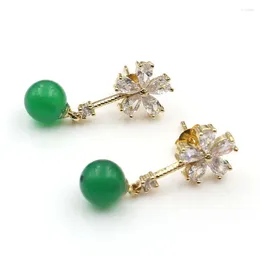 Stud Earrings FYJS Unique Light Yellow Gold Color Small Round Beads Green Agates With Flower Cubic Zirconia Jewelry