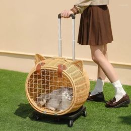Cat Carriers Breathable Bag Portable Pet Crate Dog Tote With Trolley Handwoven Cage Lightweight Luggage Vintage Style