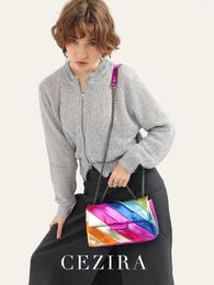 Evening Bags CEZIRA Women Fashion Funky Metallic Colorful Stripes Handbags PU Leather Square Magnetic Flap Long Chain Cross Body Shoulder
