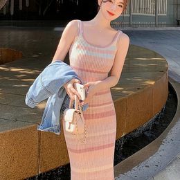 Rainbow Stripe Tank Top Midi Dress Womens Summer Sleeveless Knitted Ultra Thin Dress Holiday Daily 240229