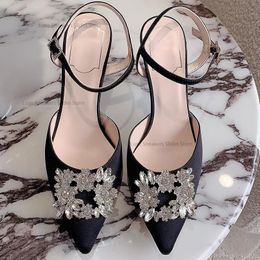 Rhinestone embellished flowers satin heels Genuine Leather sole Stiletto Heel Evening party Dress shoes women's luxury designers factory footwear with box
