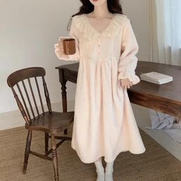 Womens Sleepwear Night Nightgown Solid Fleece Lace Home Winter One Korean Long Sleeve Wear Warm Style Piece Pajamas Dress Ruffle