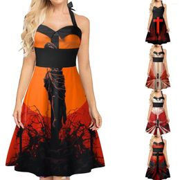 Casual Dresses Halter Dress Summer Vintage Hanging Neck Sleeveless Sexy Printed Halloween Shirt For Women