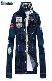 Sokotoo Men039s slim English flag patch design rivet jean jacket Casual dark blue washed denim coat Outerwear 2010042229609
