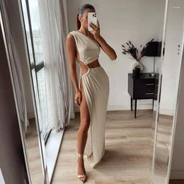 Casual Dresses 2024 Summer Women Sexy Hollow Out Maxi Dress Spring Solid Sleeveless Split One Shoulder High Waist Bodycon Party Female