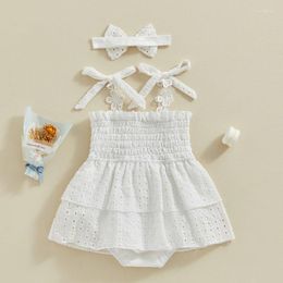 Girl Dresses Baby Romper Dress Eyelet Flower Bowknot Tie-Up Straps Skirt Hem Infant Bodysuit Summer Outfit With Headband