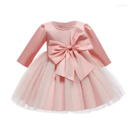 Girl Dresses Flower Girls With Big Bow Formal Long Sleeves Satin Birthday Party Wedding Dress Born Baptism Clothing
