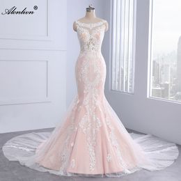 Romantic Colorful Mermaid Wedding Dress With Grid Appliques Lace Scoop Trumpet Bridal Gowns With Button